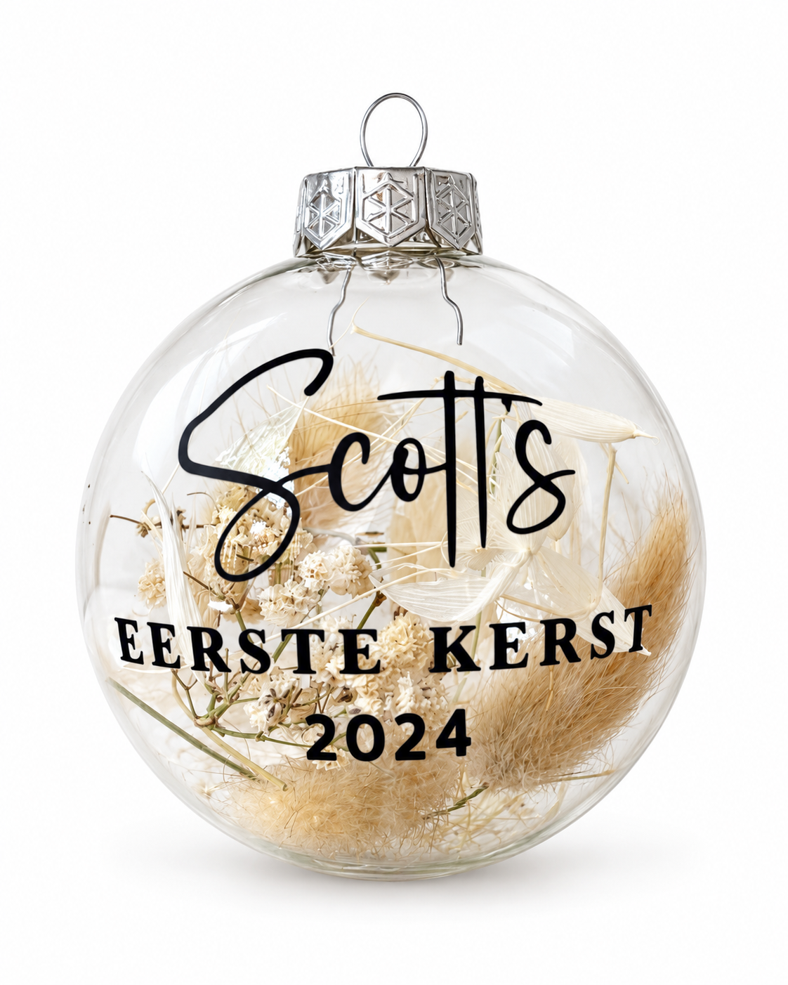 Gepersonaliseerde kerstbal met droogbloemen | Eerste kerst