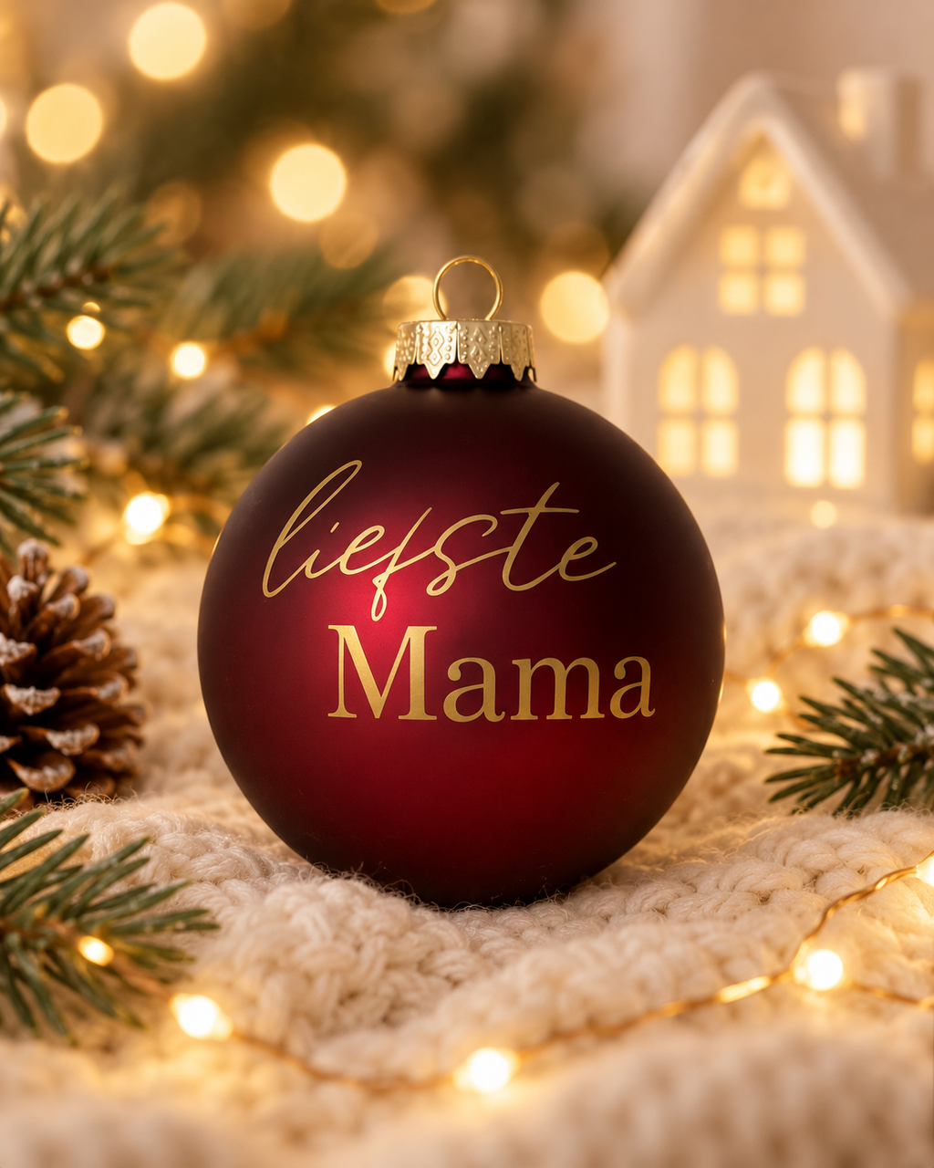 Matte bordeauxrode glazen kerstbal met goudkleurige tekst Liefste mama, op een beige gebreide ondergrond met kerstlichtjes.