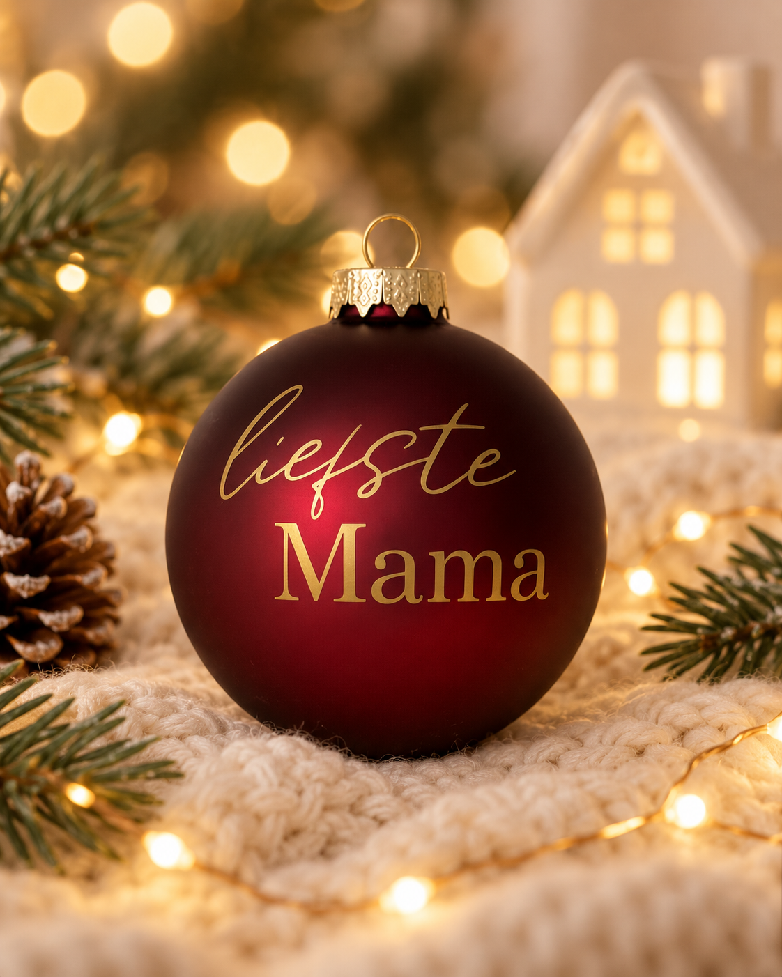 Matte bordeauxrode glazen kerstbal met goudkleurige tekst Liefste mama, op een beige gebreide ondergrond met kerstlichtjes.