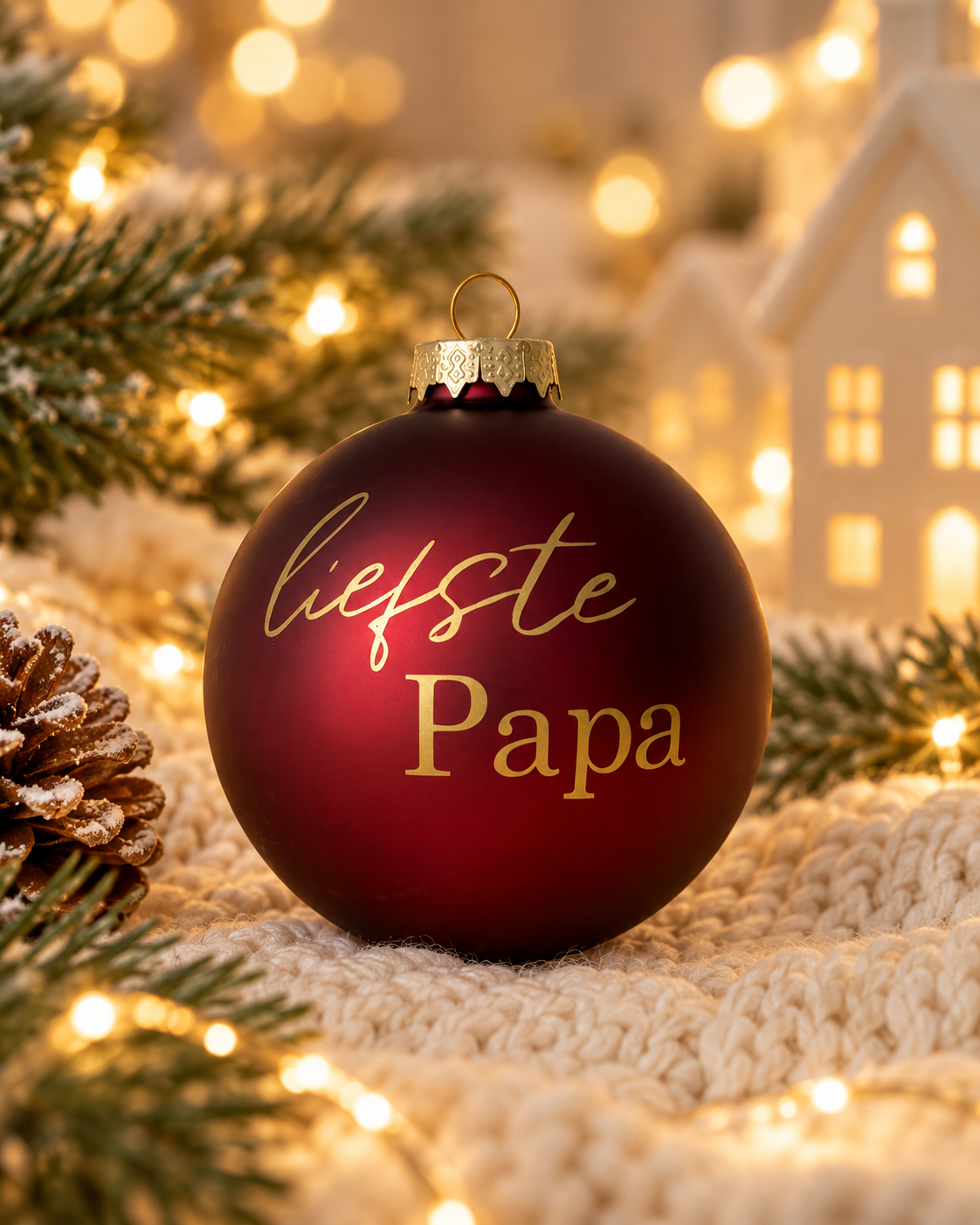 Matte bordeauxrode glazen kerstbal met goudkleurige tekst Liefste papa, op een beige gebreide ondergrond met kerstlichtjes.