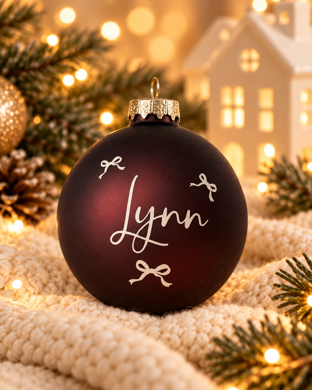 Gepersonaliseerde bruine kerstbal met bordeauxrode ondertoon, beige naamopdruk en sierlijke strikjes, gefotografeerd in een warme kerstsetting.