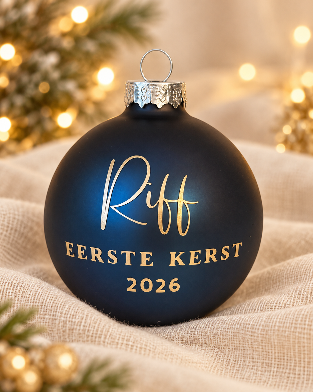 Mat donkerblauwe glazen kerstbal met goudkleurige naamopdruk en tekst Eerste kerst 2026, gefotografeerd in een warme kerstsetting.
Kopiëren
