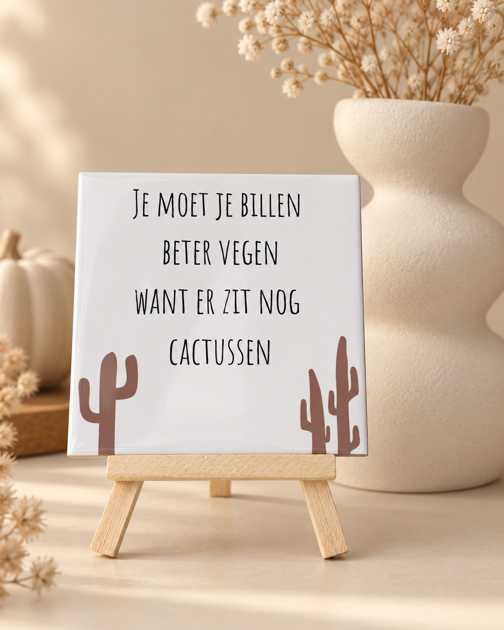 Grappig wit WC-tegeltje met de tekst ‘Je moet je billen beter vegen want er zit nog cactussen’, met bruine cactussen op een houten houdertje.