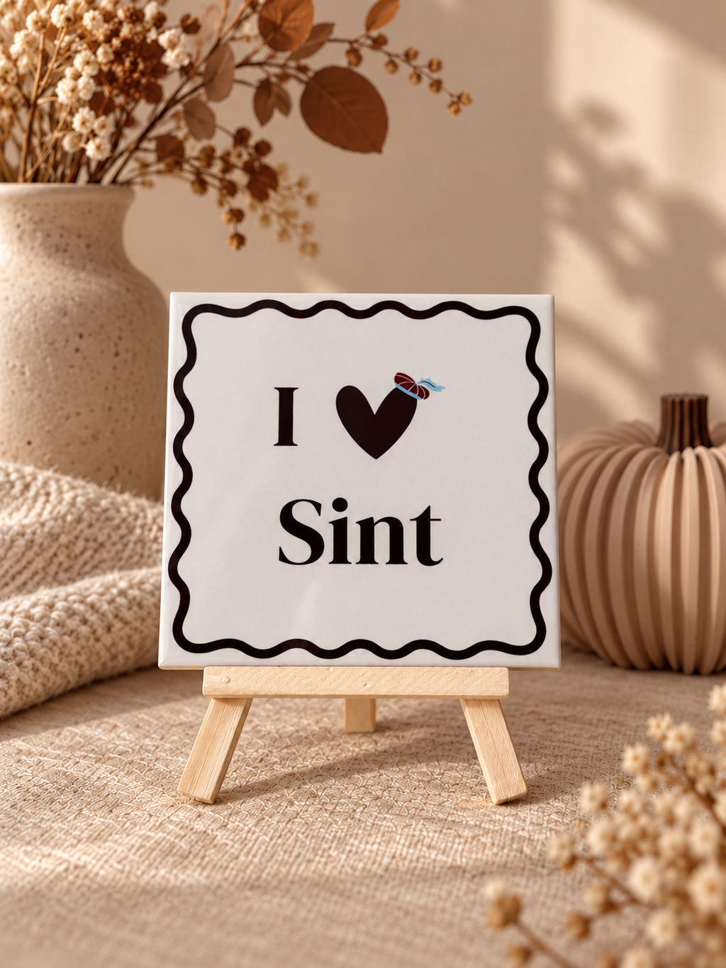Sinterklaas tegeltje met de tekst I love Sint in warme neutrale setting
