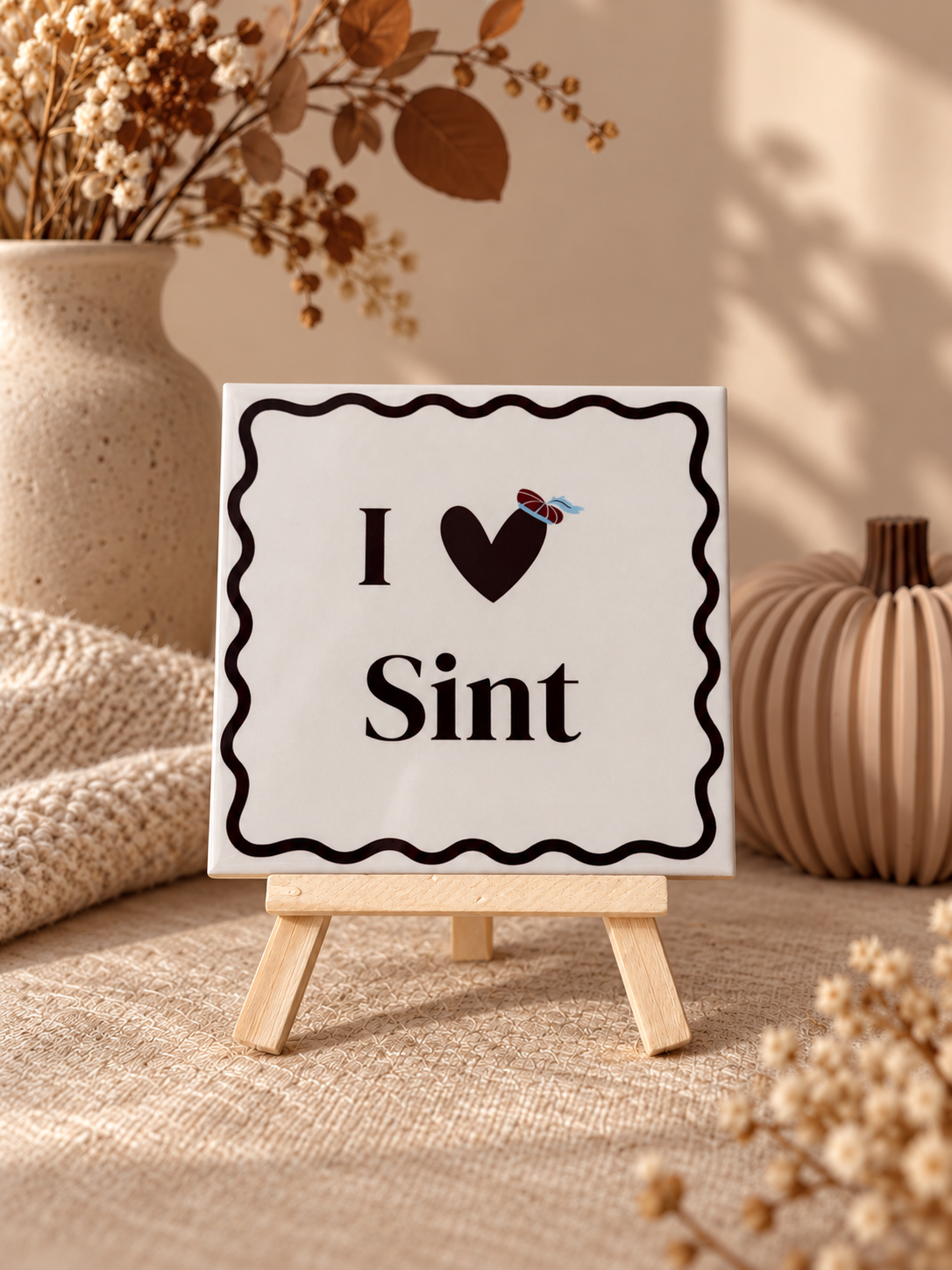 Sinterklaas tegeltje met de tekst I love Sint in warme neutrale setting
