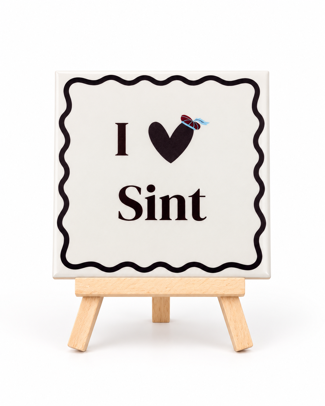 Sinterklaas tegeltje met de tekst I love Sint op witte achtergrond
