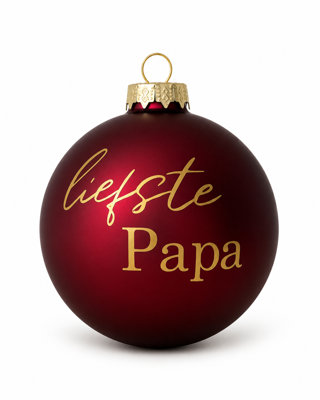 Bordeauxrode glazen kerstbal met matte afwerking en goudkleurige opdruk Liefste papa, tegen een witte achtergrond.
Kopiëren