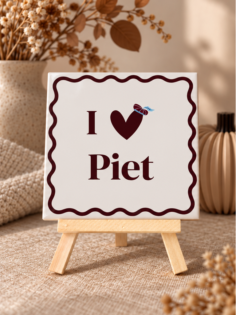 Sinterklaas tegeltje met de tekst I Love Piet in warme sfeersetting
