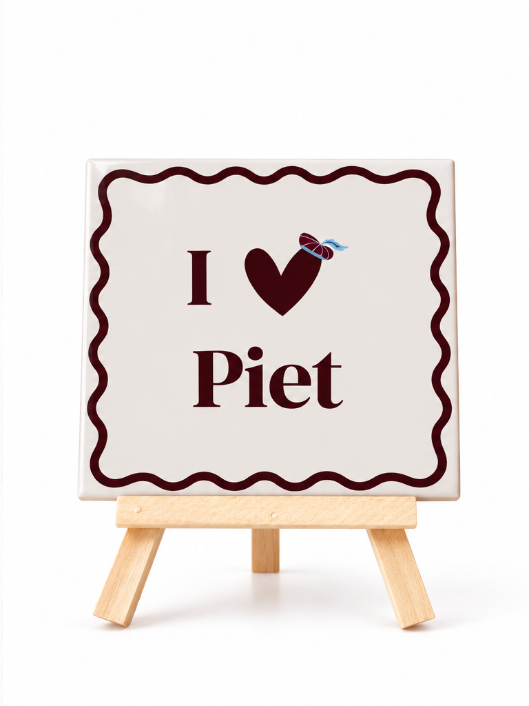 sinterklaas tegeltje met de tekst I Love Piet op houten standaard tegen witte achtergron