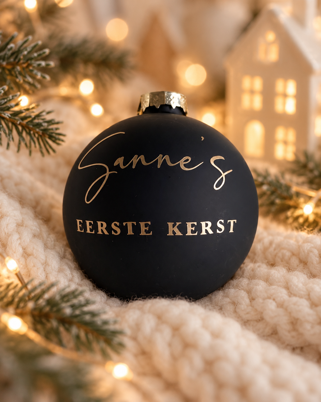 Matzwarte glazen kerstbal met goudkleurige naamopdruk en tekst Eerste kerst, gefotografeerd tussen kersttakken en warme kerstlichtjes.
